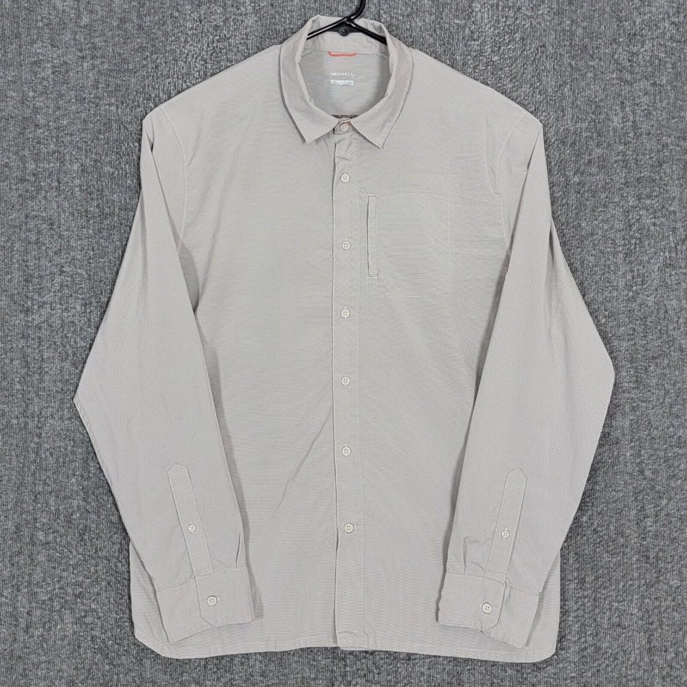 Merrell Shirt Mens XL Tan Stripe Button Up Long Sleeve Vented Hiking Fishing
